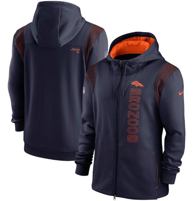 Men's Denver Broncos 2021 Navy Sideline Team Performance Full-Zip Hoodie